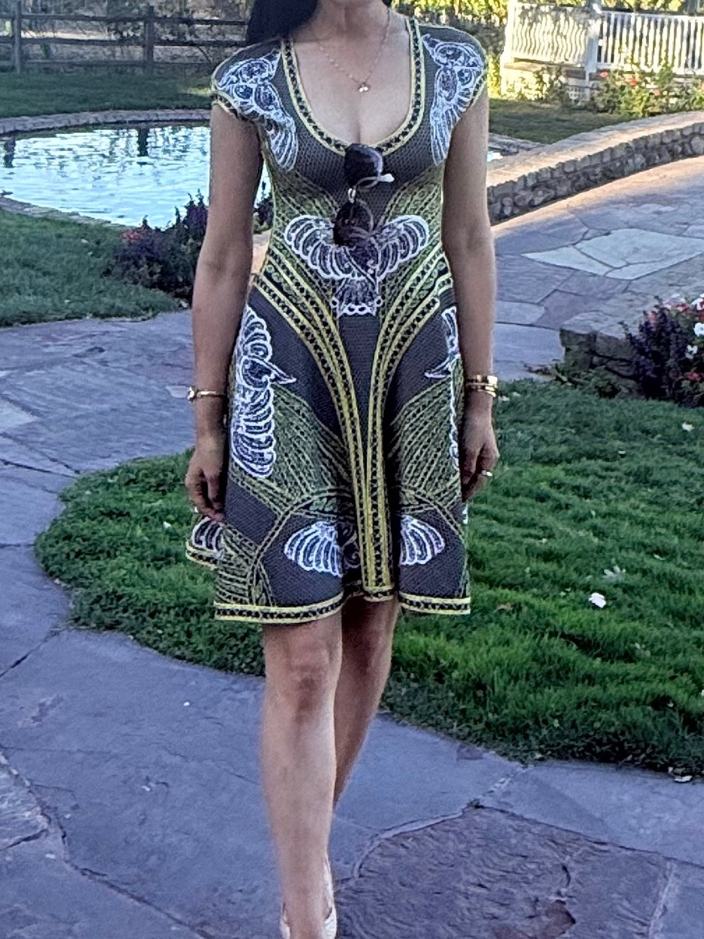 Herve Leger Green and Black Patterned V-Neck Mini Dress